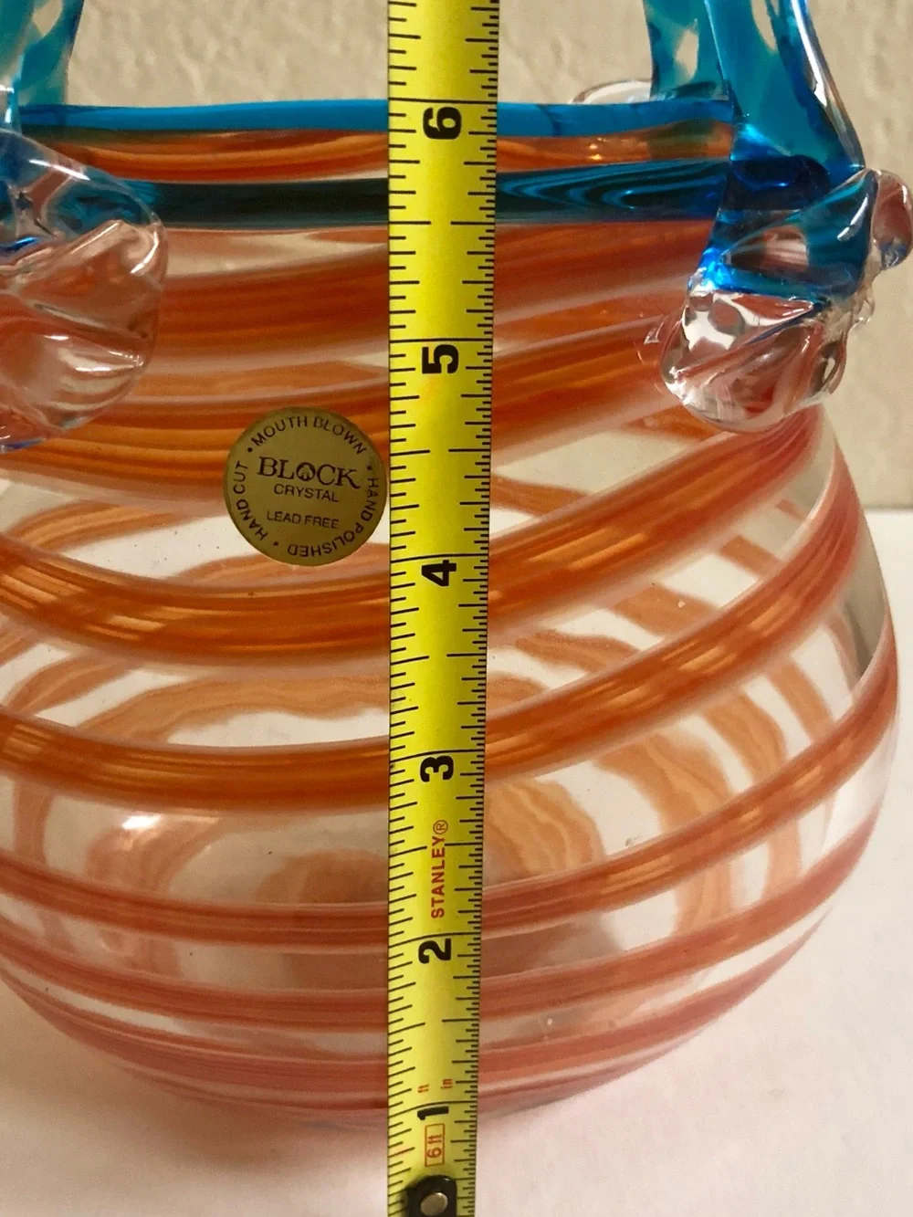 Handblown Glass Purse Vase with Orange Swirl and Blue Handle